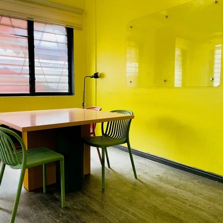 A meeting table and chairs in the Venture Nest room.